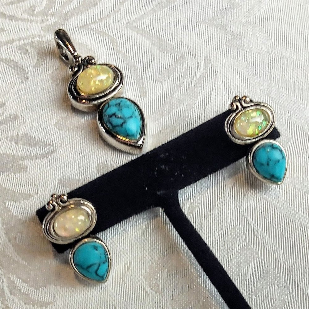 Vintage Silver Opal Faux Turquoise Earring Pendant Set